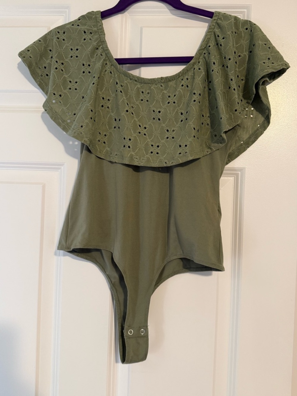 Olive Eyelet Ruffle Off-Shoulder Bodysuit